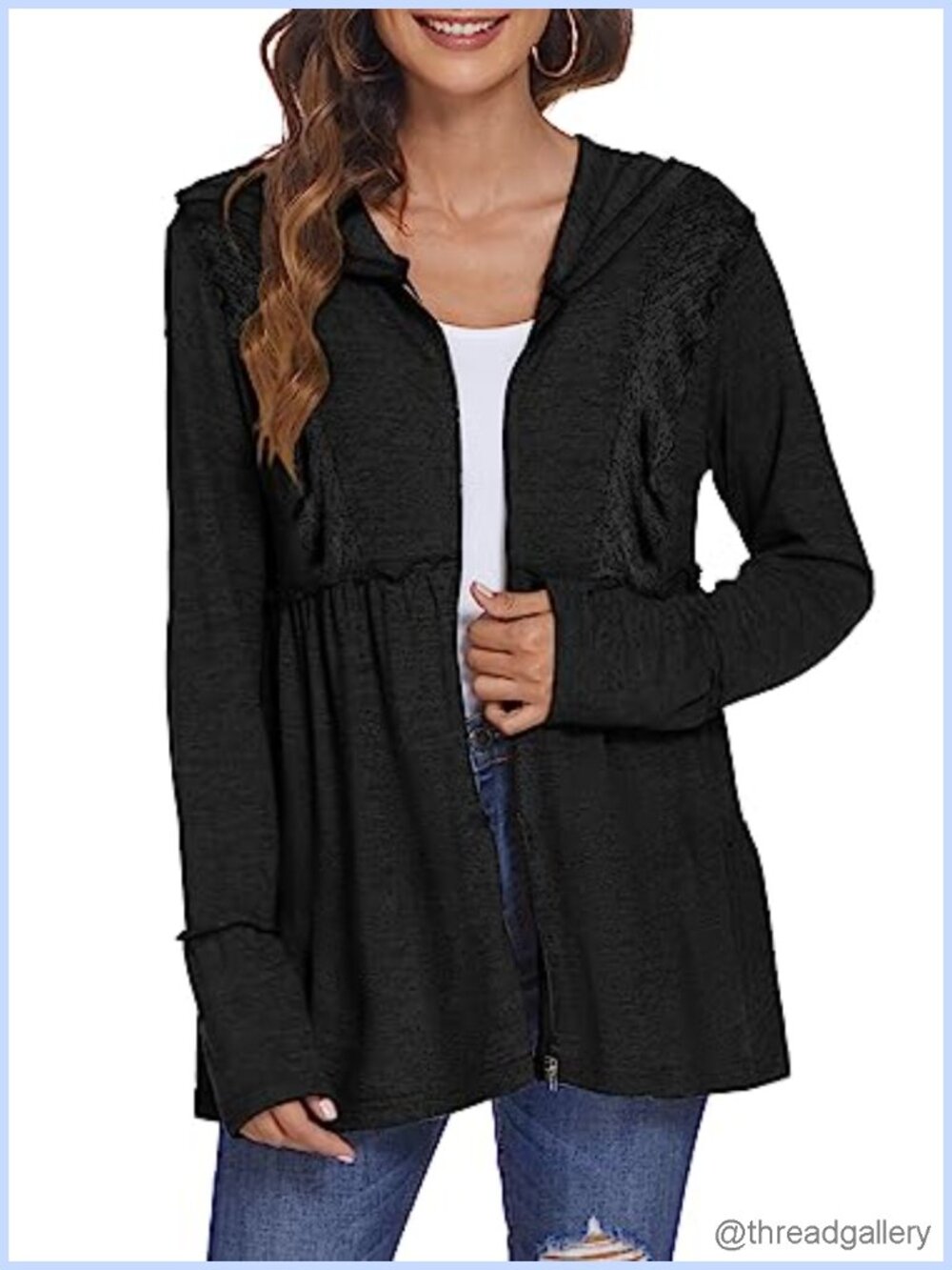 Full Zip Up Pleated Tiered Ruffle Hooded Sweatshirt Jacket Long Sleeve